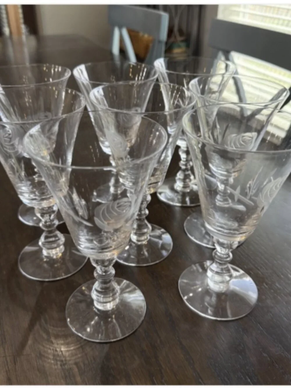 Set of 8 Vintage Fostoria Rose Etched Crystal Goblets